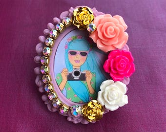 Take a Picture Digital Art Statement Ring, cameo ring, feminine art, rose ring, digital illustration, kawaii ring, gyaru