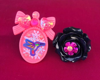 Conjunto de anillos de declaración de Hummingbird Haven, dulce lolita, hada kei, gyaru, femenino, Harajuku, pedrería, brillante, anillo kawaii