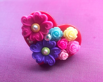 Heart Garden Kawaii Statement Ring, sweet lolita, gyaru, Valentine's Day, heart ring, rose ring