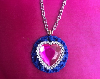 Navy Blue Pink Heart Jewel Statement Necklace, girly, kawaii, Harajuku, jewel, sparkly, bling necklace