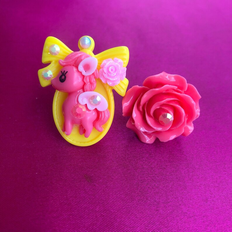 Winged Unicorn Floral Statement Ring Set Pink  Yellow image 1