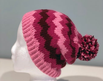 Colorful Zig Zag Stripes Hat | Beanie | Zig Zag | Stripes | Pink hat | Winter Beanie | Slouch Hat | Knitted Cap | Handmade | Pom Pom Hat