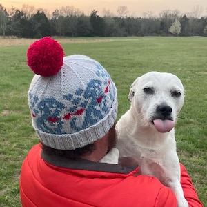 May include: A gray knit hat with a red pom-pom and a blue elephant pattern. A white dog with its tongue out is being held by a person wearing a red jacket. The background is a green field and trees.