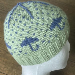 May include: A knitted beanie hat in shades of green and blue. The hat features a repeating pattern of small blue hearts and larger blue umbrella designs. The brim and top edge are ribbed, and the hat is displayed on a white mannequin head.
