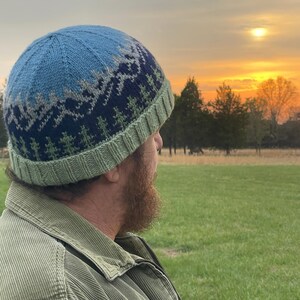 May include: A blue, green, and gray knit hat with a forest pattern. The hat has a light blue crown, a dark blue band with a forest design, and a green brim. The hat is worn by a person looking at a sunset.