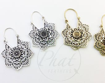 Tribal Brass Mandala Earrings, Flower Earrings, Boho Earrings, Gypsy Earrings, Yoga Earrings, Belly Dance Jewelry, Ethnic Earrings, Geometry