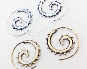 Tribal Spiral Earring, Brass Spiral Earrings, Ethnic Earrings, Gypsy Boho Spiral Earrings, Yoga Earrings, Festival Earrings, Pretty Spirals