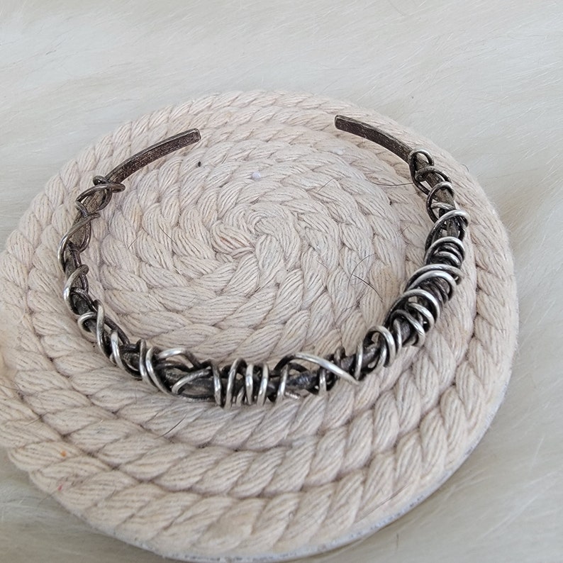 Wire wrapped bracelet silver cuff oxidized bangle image 3