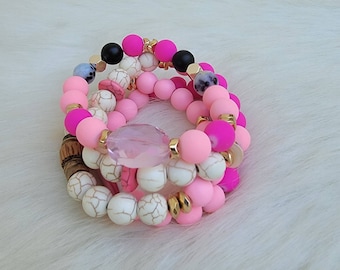 Pink beaded bracelets , bright pink stretch bracelet stack gemstone bracelets for women, shades of pink bracelets,