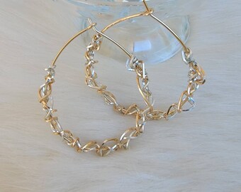 Twisted hoop earrings , two tone earrings, mixed metal hoop earrings, gold and silver hoops earrings