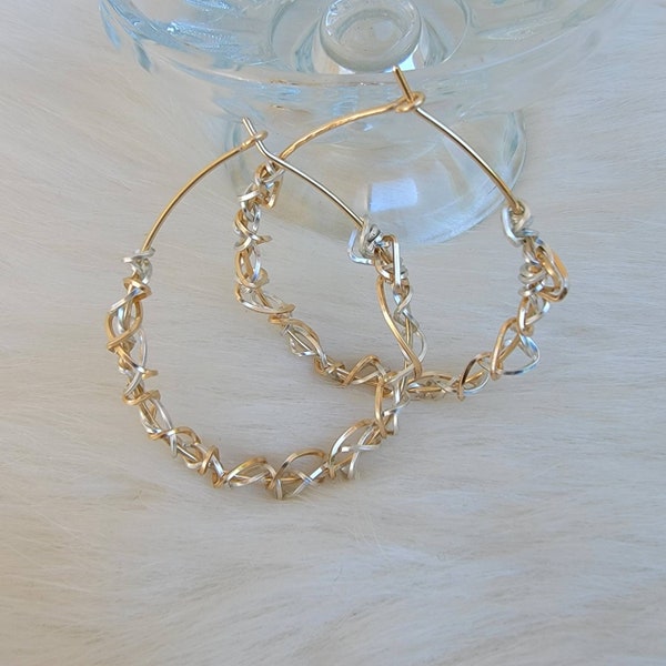 Twisted hoop earrings , two tone earrings, mixed metal hoop earrings, gold and silver hoops earrings