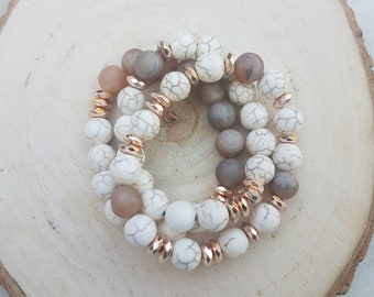 Gold and white beaded stretch bracelet set layering bracelet gifts for mom