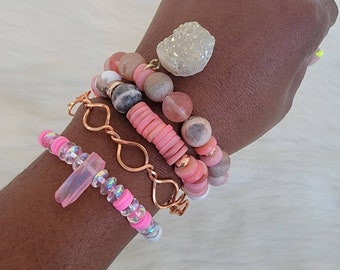 Pink and grey neutral beaded bracelets,  beaded jewelry set,pink heishi bracelet