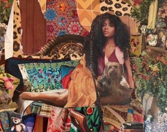 Handmade Analog Collage,  Woman Holding Dog In Bed, Maximalist Mixed Media Collage Artwork, Orange, Blue, and Red Artwork