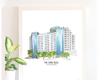 8 x 11  Wall Art illustration of the Historic Eden Roc Hotel, south beach miami, paintings wall art, fine art prints, Architecture Design