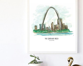 12" 16" The Gateway Arch Illustration St. Louis, Vertical Print Wall Art historical artwork, art print, said louis Missouri, gallery wall