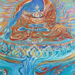 May include: A colorful painting of a meditating Buddha figure in a blue robe, holding a golden bowl. The background is a swirling blue and gold pattern.