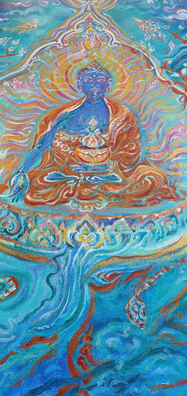 May include: A colorful painting of a meditating Buddha figure in a blue robe, holding a golden bowl. The background is a swirling blue and gold pattern.