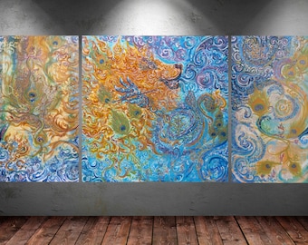 Shakti Lion Roar-Original Triptichon Painting on Canvas 50x100/100x100cm/50x100cm & energised-custommade-unique Artprint in varie dimensioni