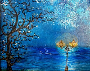 May include: A painting of a dark tree with a light blue sky and a body of water. A street lamp with a golden glow is in the foreground. A small sailboat is in the distance.