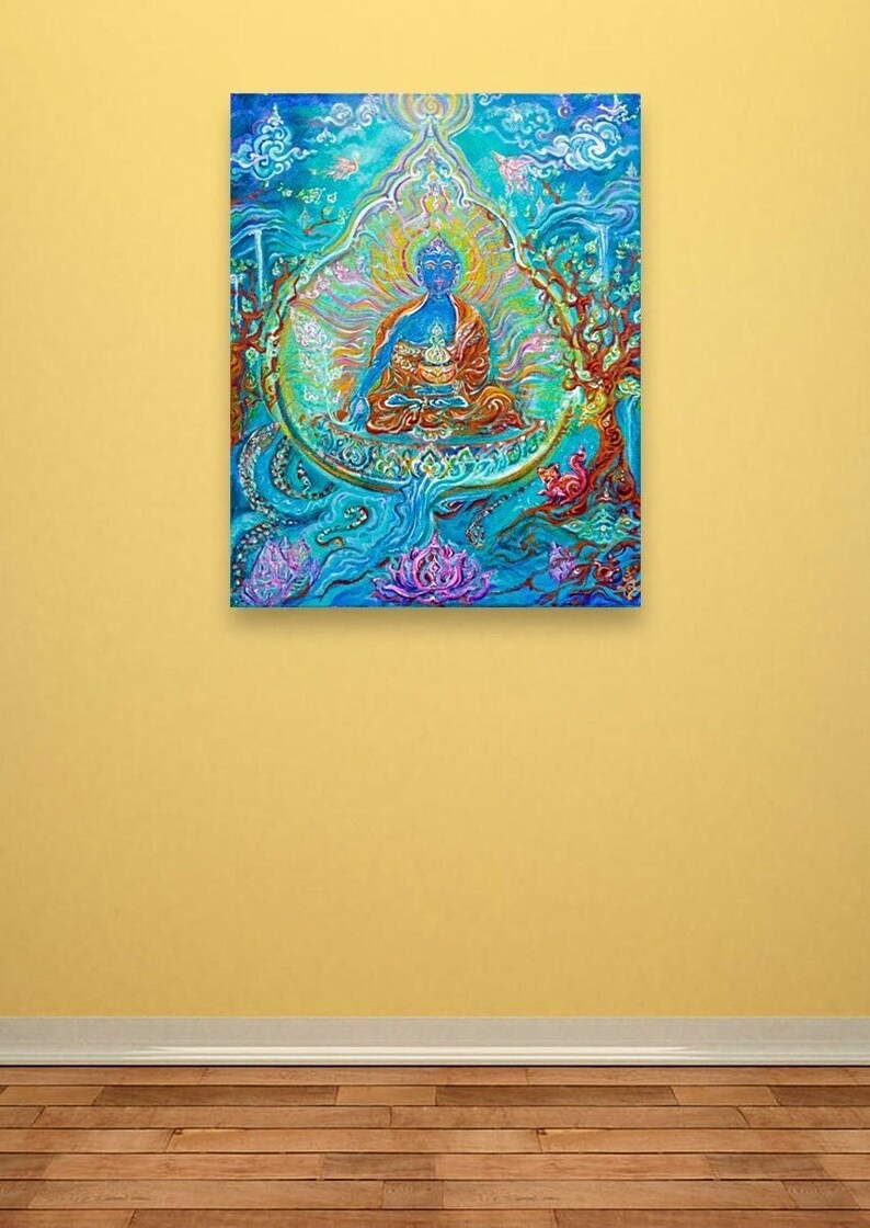 May include: A colorful painting of a blue Buddha sitting in a lotus position with a halo of light around his head. The background is a vibrant blue with clouds and flowers.