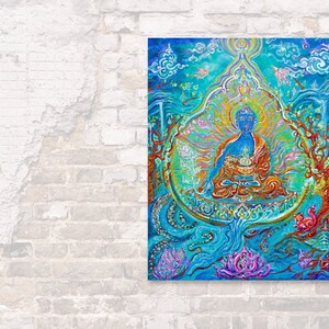 May include: A colorful painting of a blue Buddha sitting in a lotus position with a golden halo. The Buddha is surrounded by intricate patterns and symbols, including flowers, trees, and clouds. The painting is set against a blue and green background.