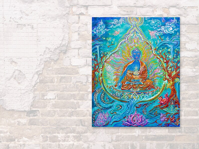 May include: A colorful painting of a blue Buddha sitting in a lotus position with a golden halo. The Buddha is surrounded by intricate patterns and symbols, including flowers, trees, and clouds. The painting is set against a blue and green background.