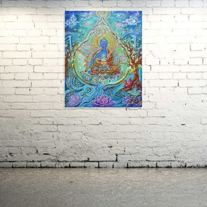 May include: A colorful painting depicting a blue Buddha figure sitting in a lotus position with a halo. The Buddha is surrounded by intricate details, including flowers, trees, and other symbolic elements. The painting is set against a blue background with hints of green and gold.