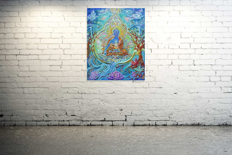 May include: A colorful painting depicting a blue Buddha figure sitting in a lotus position with a halo. The Buddha is surrounded by intricate details, including flowers, trees, and other symbolic elements. The painting is set against a blue background with hints of green and gold.