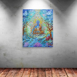 May include: A colorful painting depicting a blue Buddha figure sitting in a lotus position surrounded by intricate details and floral patterns. The background is a vibrant blue with hints of green and yellow.