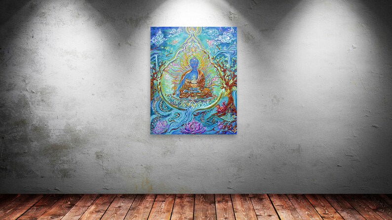 May include: A colorful painting depicting a blue Buddha figure sitting in a lotus position surrounded by intricate details and floral patterns. The background is a vibrant blue with hints of green and yellow.