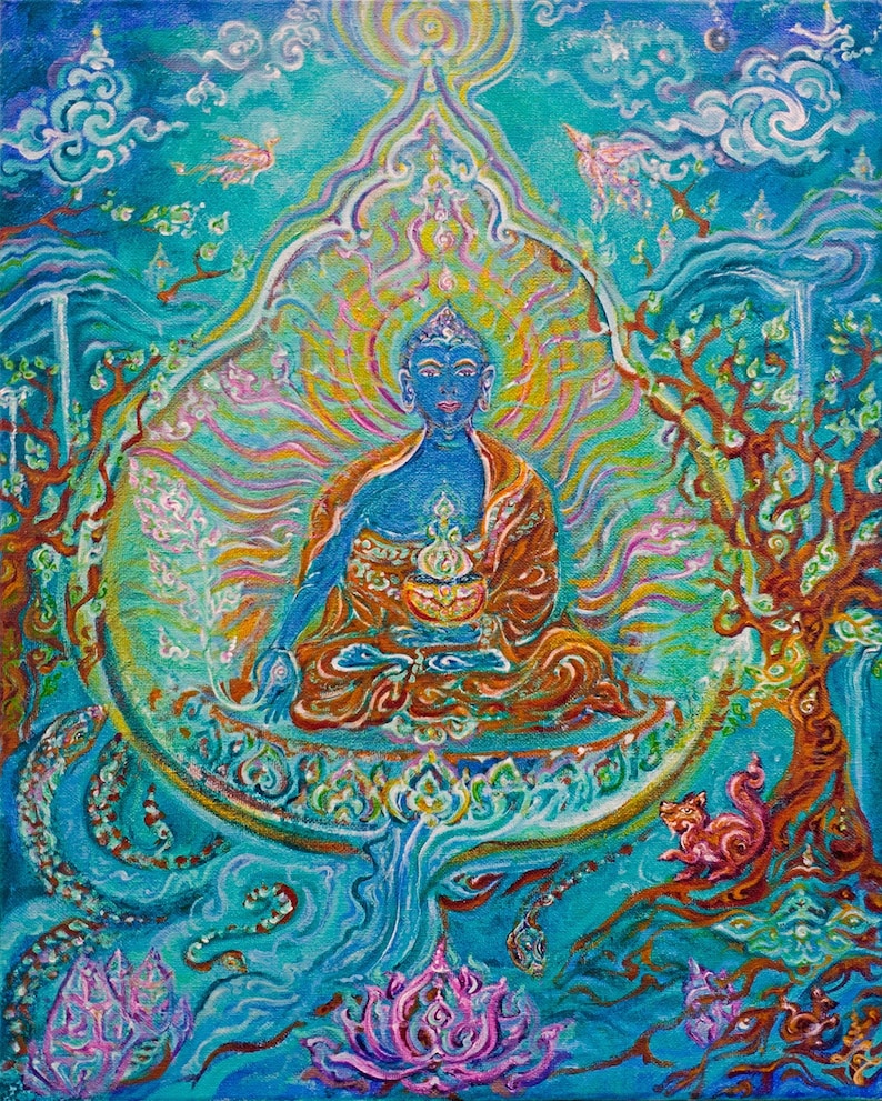 May include: A colorful painting of a blue Buddha figure sitting in a meditative pose with a golden halo. The Buddha is surrounded by swirling patterns and a blue sky with clouds. The painting is framed by a decorative border.
