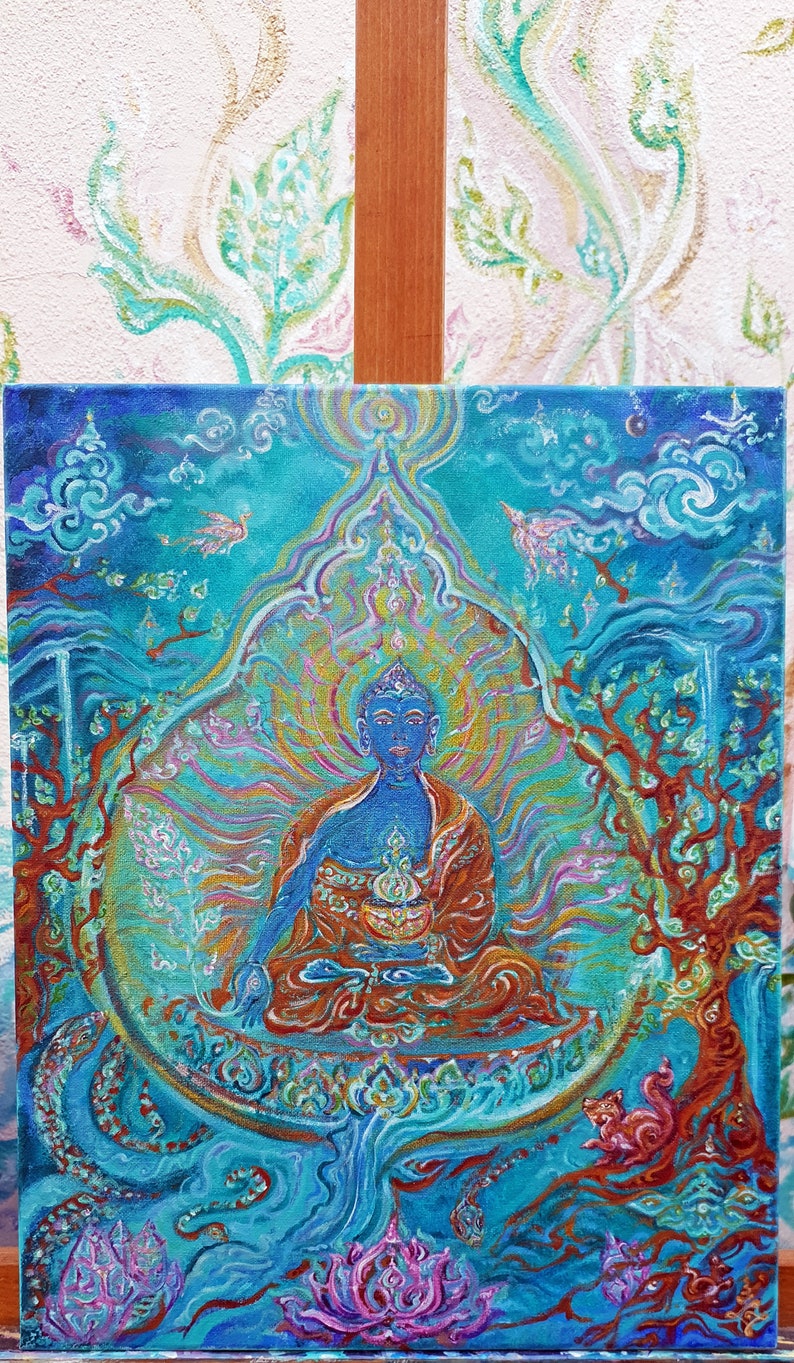May include: A blue Buddha painting with intricate details. The Buddha is seated in a meditative pose with a golden halo and surrounded by swirling patterns. The background is a vibrant blue with hints of green and gold.