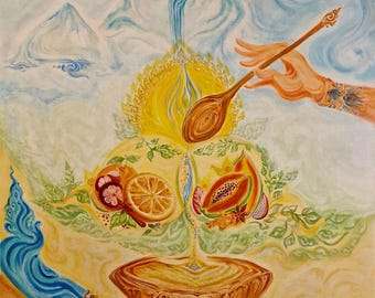 Annapurna - Offerta divina - Dipinto originale / Stampa artistica limitata su tela - Arte dipinta energica unica - Arte yoga-ayurvedica