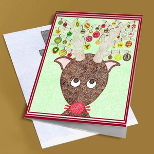 Cartão de enfeites de renas festivas - produzido a partir da ilustração original de Emily Kim