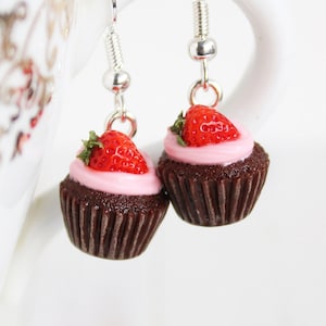 Polymer Clay Cupcake Earrings: Strawberry Dessert Jewelry
