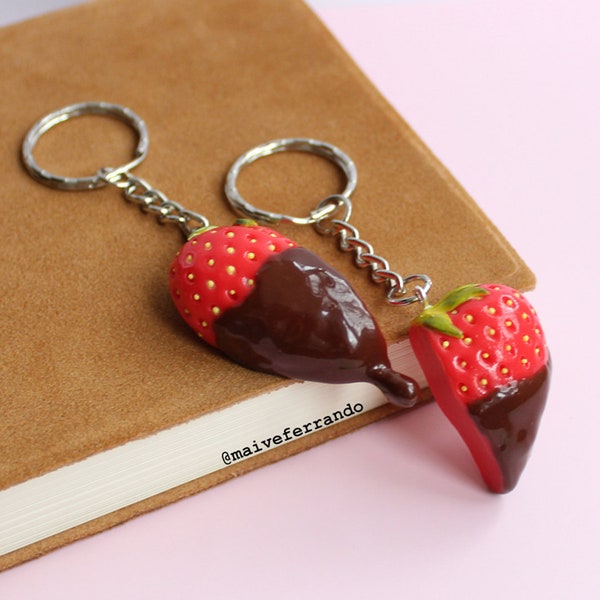 Chocolate Dipped Strawberry Kechain, FIMO Fruit, Food Jewelry, Strawberry Jewelry, Fruit Jewelry, Strawberry Charm, Polymer Clay Strawberry