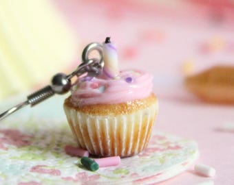 Miniature Pink Birthday Cupcake Earrings: Polymer Clay Confetti Cake Jewellery