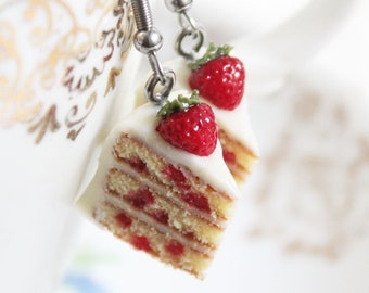 Strawberry Cake Slice Earrings - Handmade Polymer Clay Jewellery