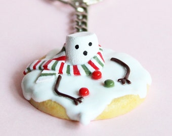 Melted Snowman Cookie Keychain: Handmade Polymer Clay Christmas Charm
