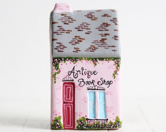 Miniature Clay Bookshop Sculpture: Handmade Pink House Ornament