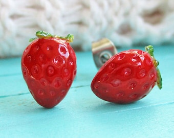 Strawberry Stud Earrings, Fruit Earrings, Food Jewelry, Summer Earrings, Strawberry Jewelry, Polymer Clay Fruit Jewellery