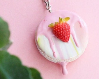 Handmade Polymer Clay Macaron Keychain: Strawberry Scented Food Jewelry