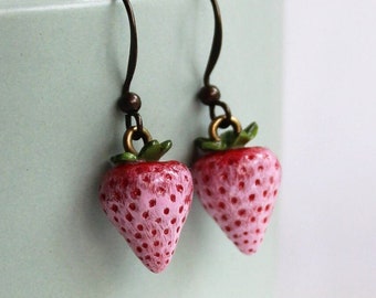 Handmade Strawberry Dangle Earrings: Rustic Food Jewelry