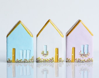 Pastel Clay House Trio: Miniature Illustrated Sculpture, New Home Gift