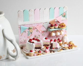 OOAK Neapolitan Cake Composition – Miniature Dessert Scene for Collectors in Hand-Painted Display Box