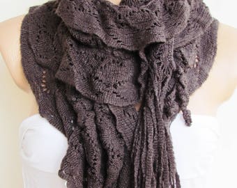 Brown Knitted Fabric Scarf - Shawl Scarf - Winter Fashion Scarf - Ruffle Scarf - Infinty Scarf - Neck Warmer