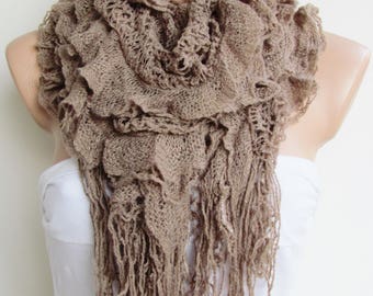 Beige Knitted Fabric Scarf - Shawl Scarf - Winter Fashion Scarf - Ruffle Scarf - Infinty Scarf - Neck Warmer