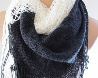 Black and Cream Knitted Fabric Scarf  Shawl Scarf  Winter Fashion Scarf  Circle Scarf-Neck Warmer - Long Tube Scarf - Infinity Scarf