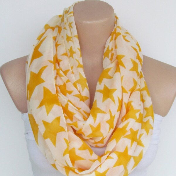 Infinity Loop Scarf With Yellow Stars-Circle Scarf -Shawl Scarf-Neckwarmer-Cowl Scarf-Cotton Scarf-Tube Scarf-New Season Accessories